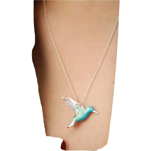 Hummingbird Necklace Pendant Blue Green Enamel Silver Tone on Chain - Picture 2 of 4
